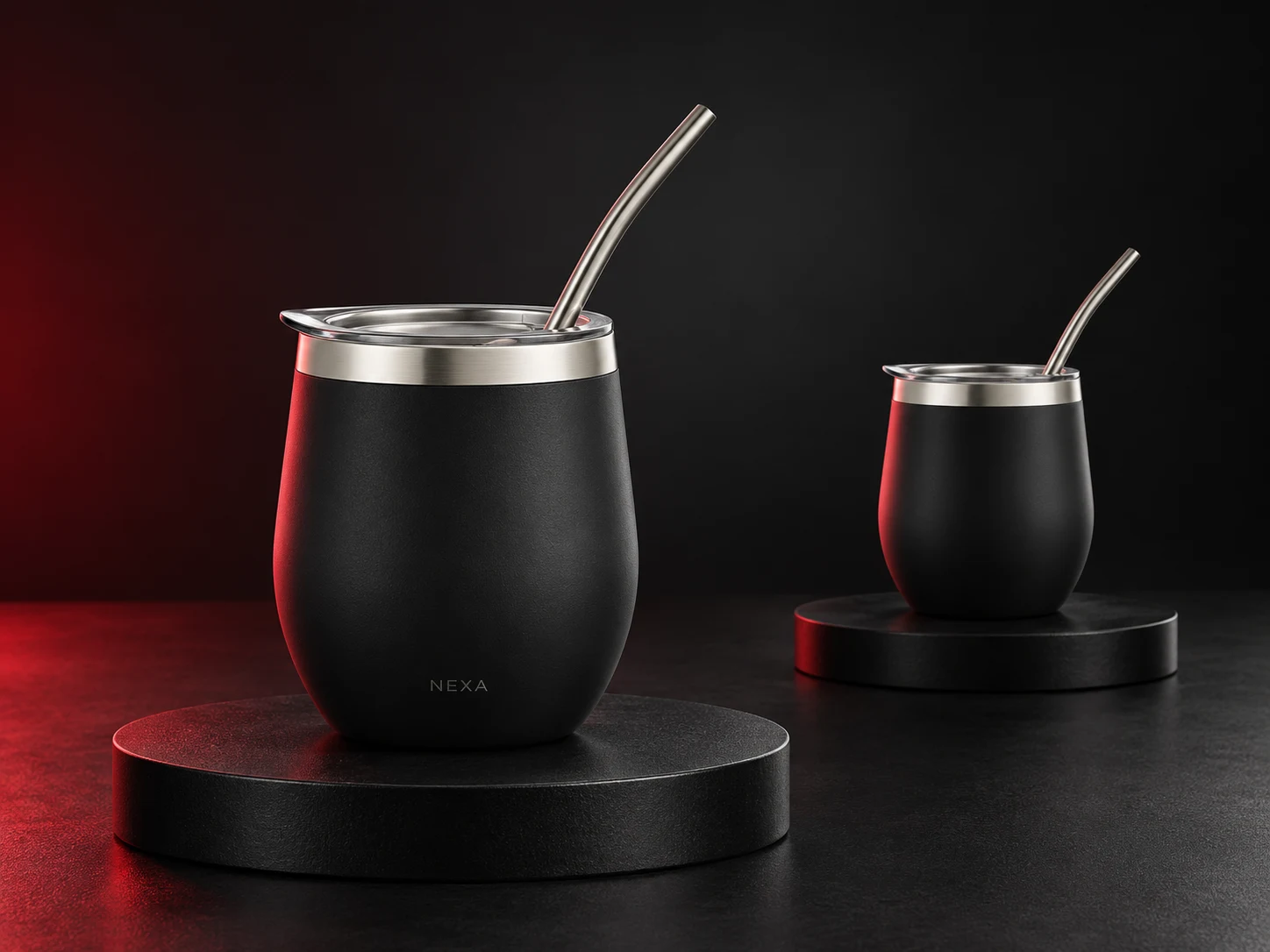 Mate de acero negro personalizado con logo de empresa, producción de FOCUS+