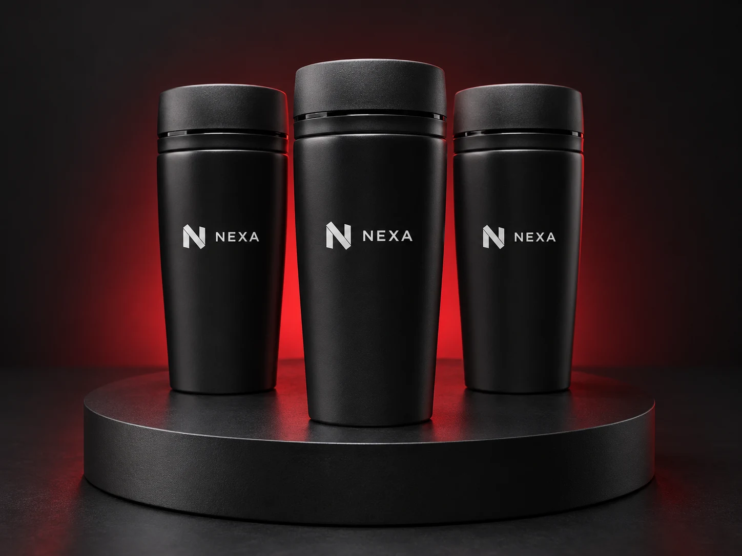 Mug térmico negro personalizado con logo de empresa, producción de FOCUS+