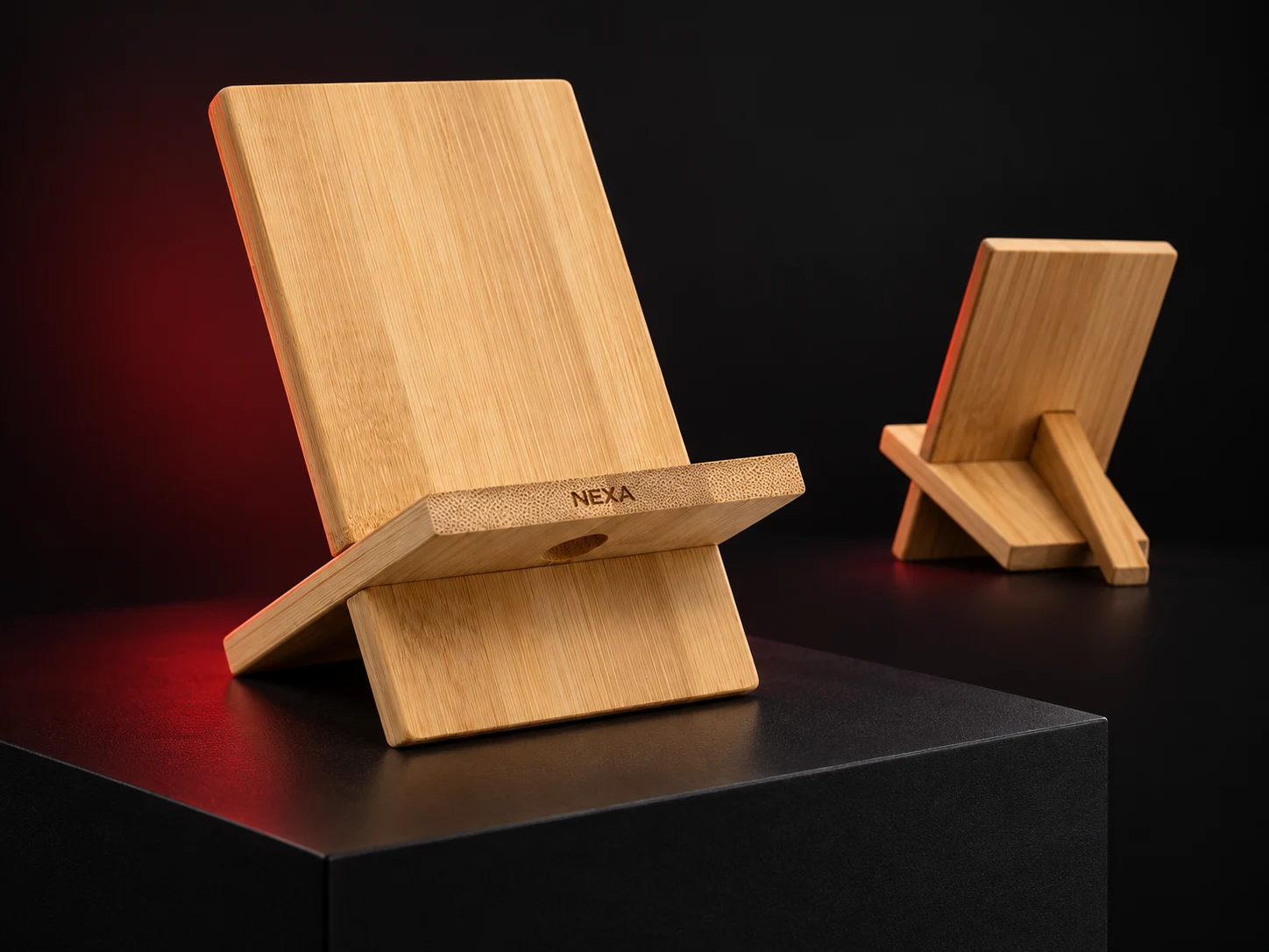 Porta celular de madera personalizado con logo de empresa, producción de FOCUS+