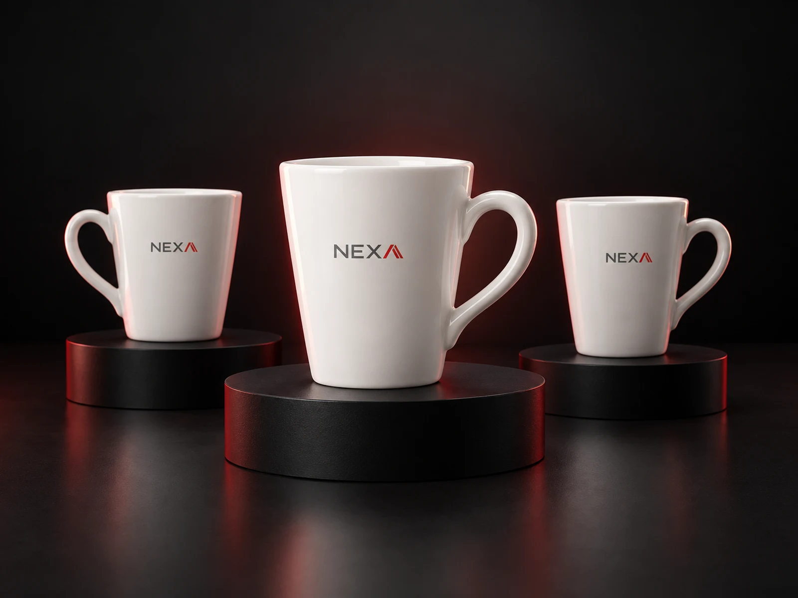 Taza cerámica cónica personalizada con logo de empresa, producción de FOCUS+